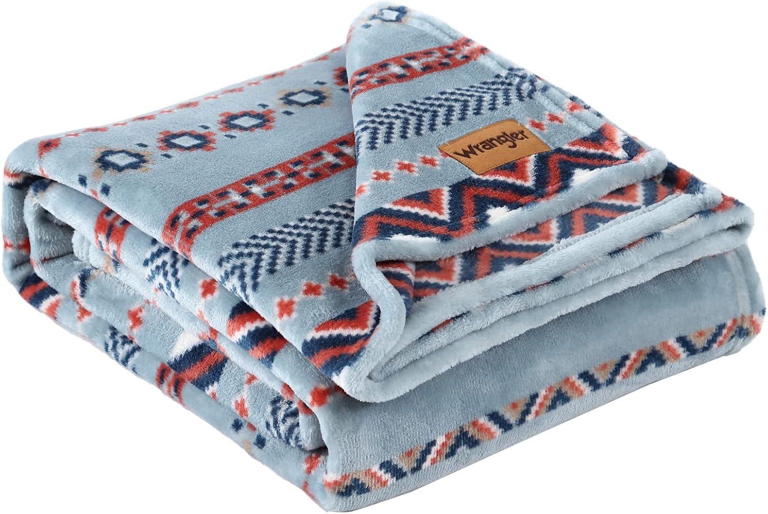 imageWrangler Throw Blanket Soft Plush Fleece Bedding Yellowstone Inspired Western Decor for Bed or Couch Canyon Ikat Blue 50quot x 60quotDiamond Trail Light Blue