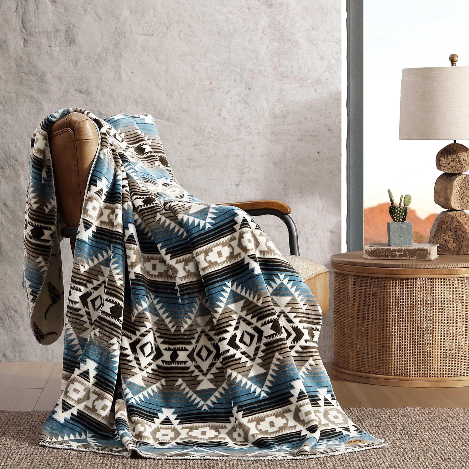 imageWrangler Throw Blanket Soft Plush Fleece Bedding Yellowstone Inspired Western Decor for Bed or Couch Canyon Ikat Blue 50quot x 60quotJericho Turquoise