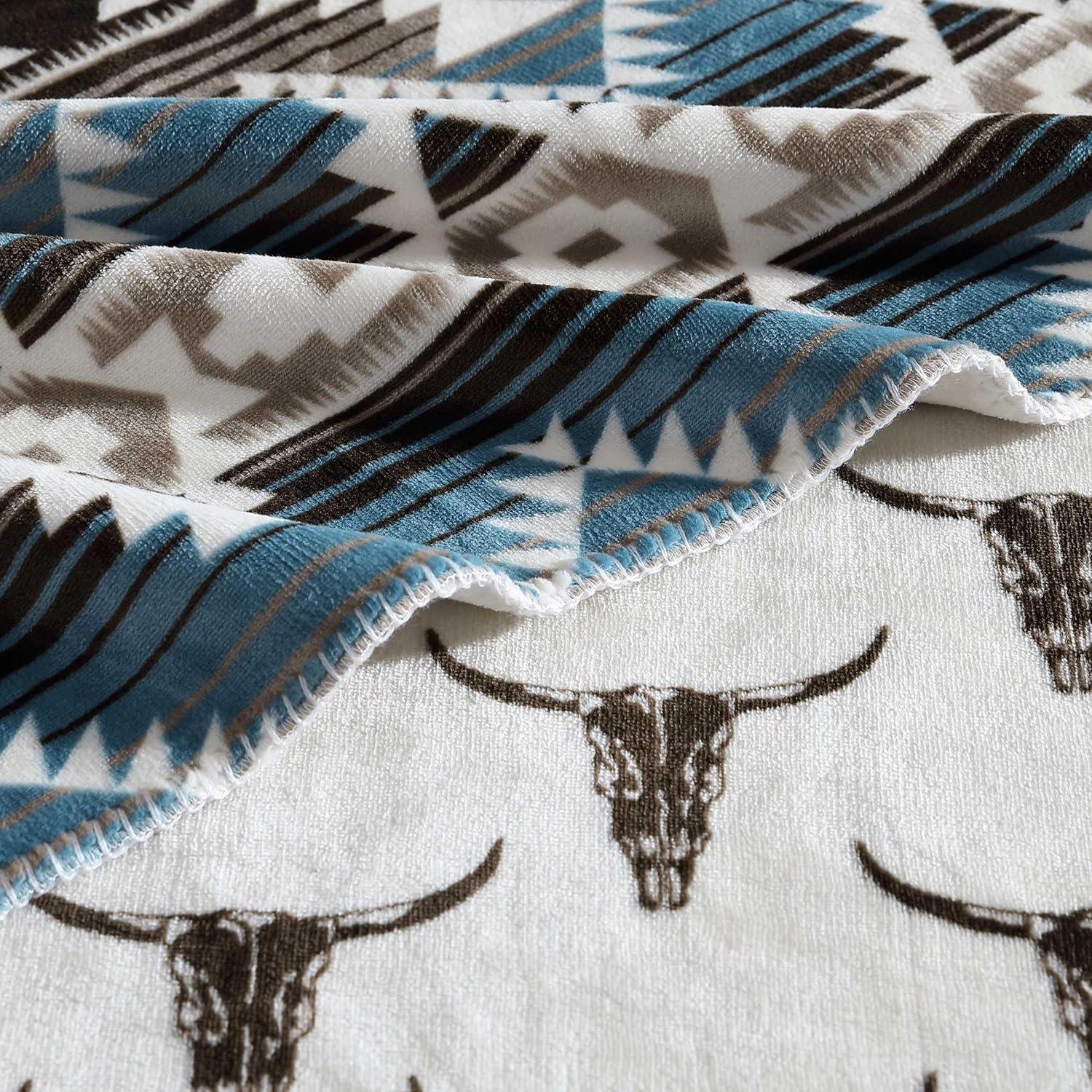 imageWrangler Throw Blanket Soft Plush Fleece Bedding Yellowstone Inspired Western Decor for Bed or Couch Canyon Ikat Blue 50quot x 60quotJericho Turquoise