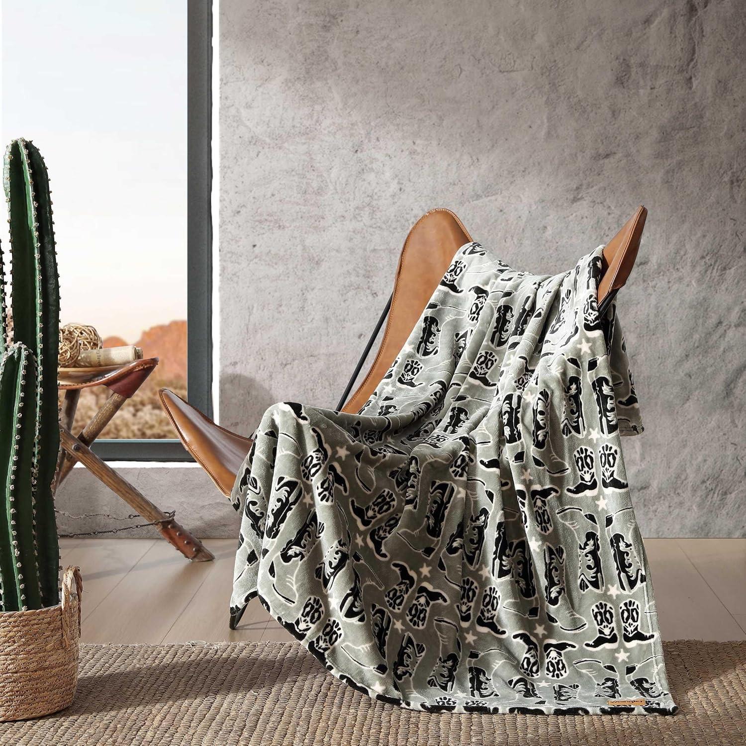 imageWrangler Throw Blanket Soft Plush Fleece Bedding Yellowstone Inspired Western Decor for Bed or Couch Canyon Ikat Blue 50quot x 60quotKnockin Boots Green