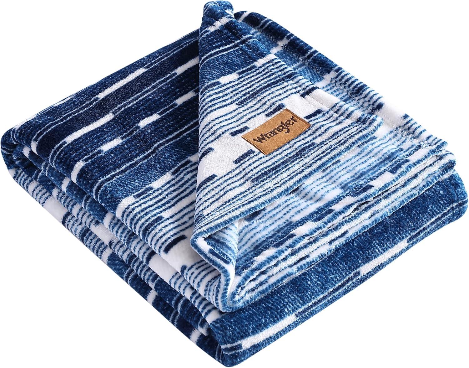 imageWrangler Throw Blanket Soft Plush Fleece Bedding Yellowstone Inspired Western Decor for Bed or Couch Canyon Ikat Blue 50quot x 60quotLogan Stripe Blue