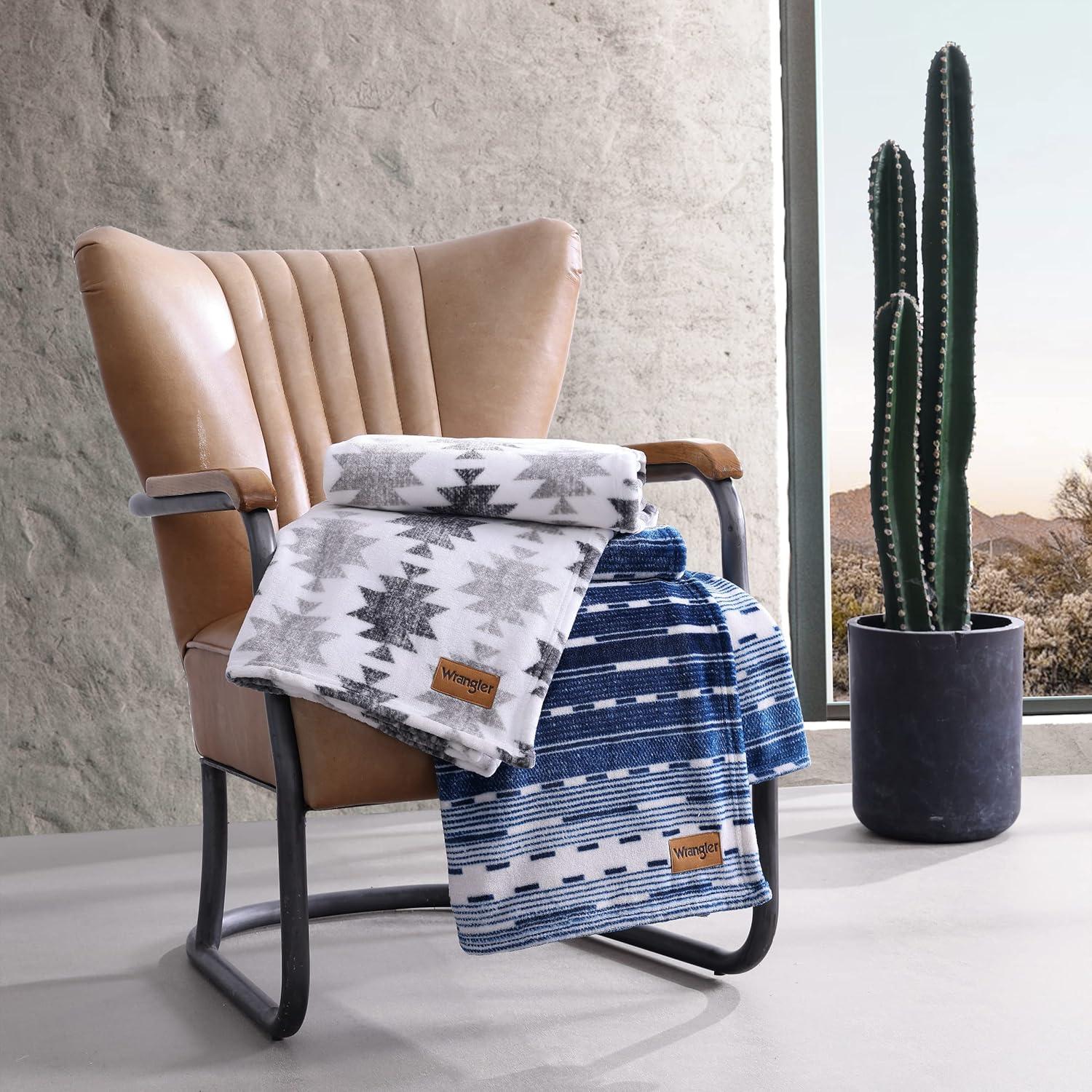 imageWrangler Throw Blanket Soft Plush Fleece Bedding Yellowstone Inspired Western Decor for Bed or Couch Canyon Ikat Blue 50quot x 60quotLogan Stripe Blue