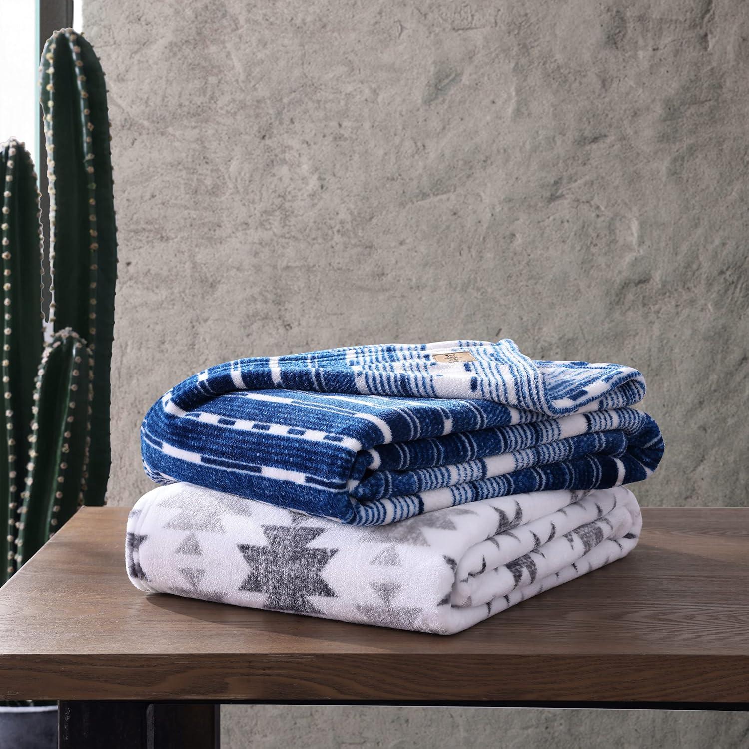 imageWrangler Throw Blanket Soft Plush Fleece Bedding Yellowstone Inspired Western Decor for Bed or Couch Canyon Ikat Blue 50quot x 60quotLogan Stripe Blue