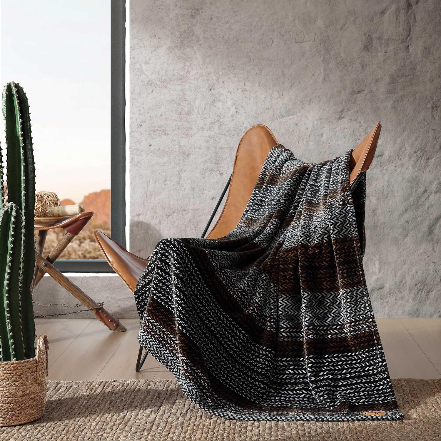 imageWrangler Throw Blanket Soft Plush Fleece Bedding Yellowstone Inspired Western Decor for Bed or Couch Canyon Ikat Blue 50quot x 60quotNash Stripe Brown