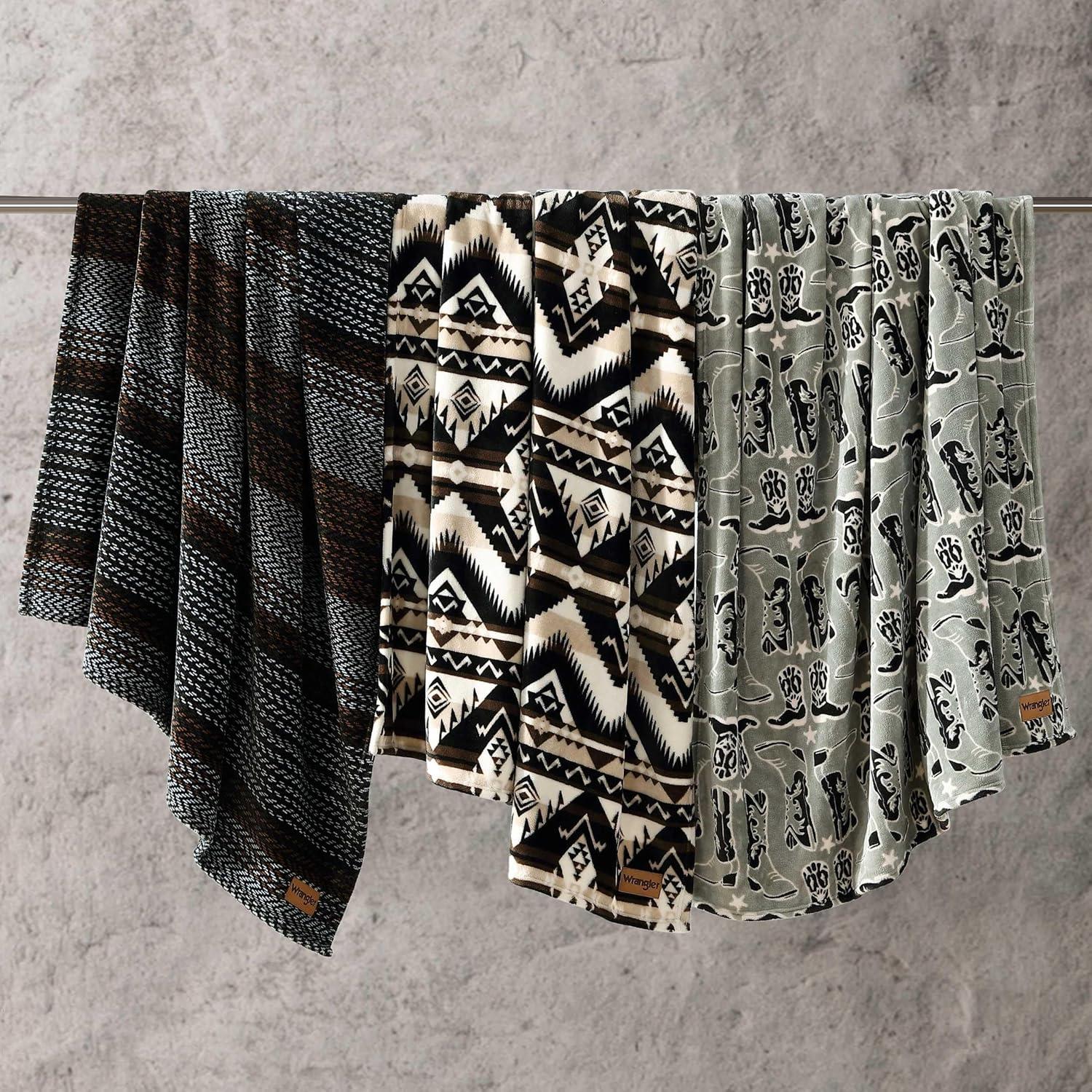 imageWrangler Throw Blanket Soft Plush Fleece Bedding Yellowstone Inspired Western Decor for Bed or Couch Canyon Ikat Blue 50quot x 60quotNash Stripe Brown