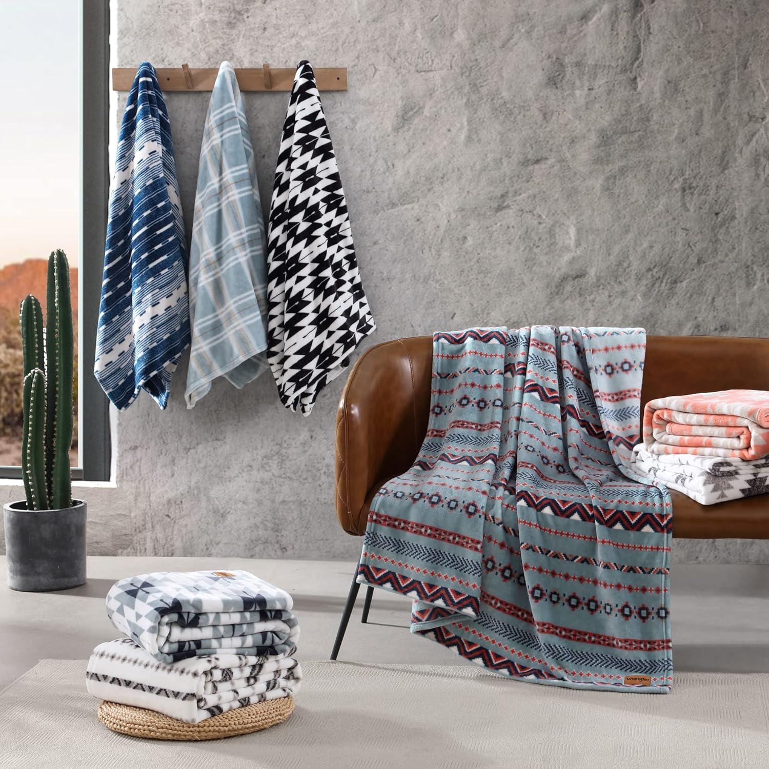 imageWrangler Throw Blanket Soft Plush Fleece Bedding Yellowstone Inspired Western Decor for Bed or Couch Canyon Ikat Blue 50quot x 60quotNavajo Khaki