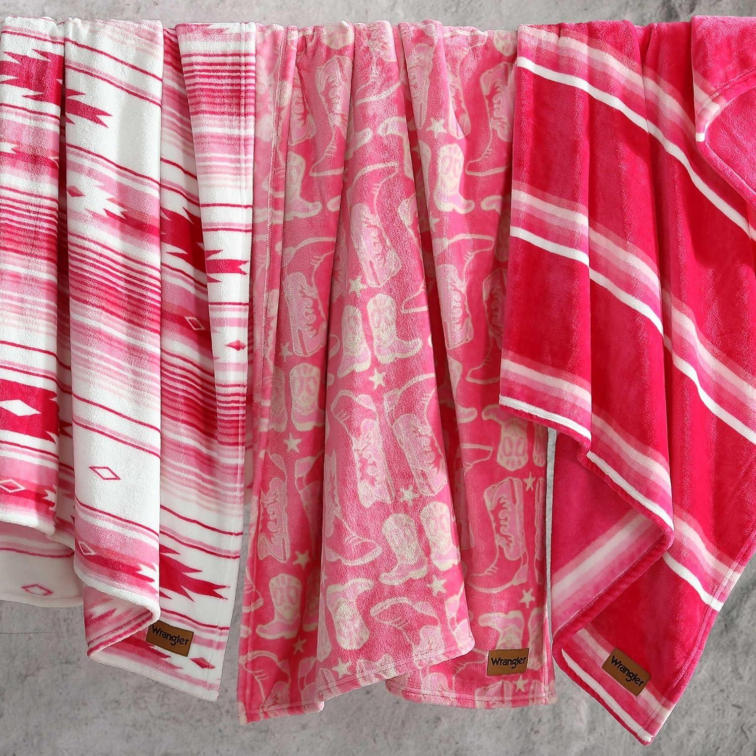 imageWrangler Throw Blanket Soft Plush Fleece Bedding Yellowstone Inspired Western Decor for Bed or Couch Canyon Ikat Blue 50quot x 60quotSaddle Stripe Pink