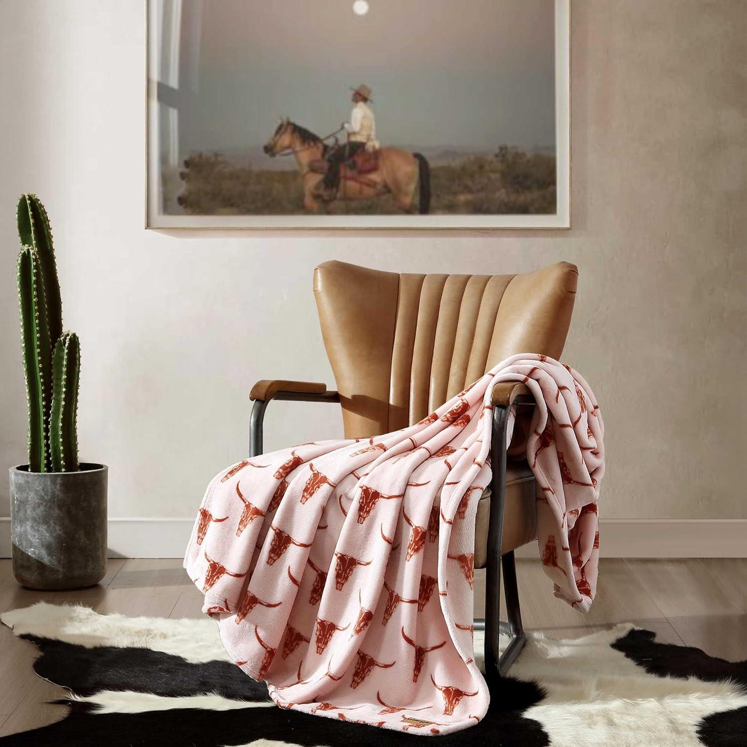 imageWrangler Throw Blanket Soft Plush Fleece Bedding Yellowstone Inspired Western Decor for Bed or Couch Knocking Boots Blue 50quot x 70quotSteer Head Peach