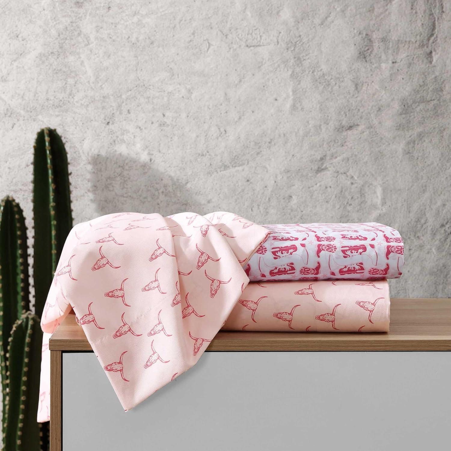 imageWrangler Twin Bed Sheets UltraSoft ampamp Lightweight Bedding with Matching Pillowcase Lightweight Bed Set for All Season Comfort OekoTex Certified Prairieland Paisley BlueSteer Skulls Pink