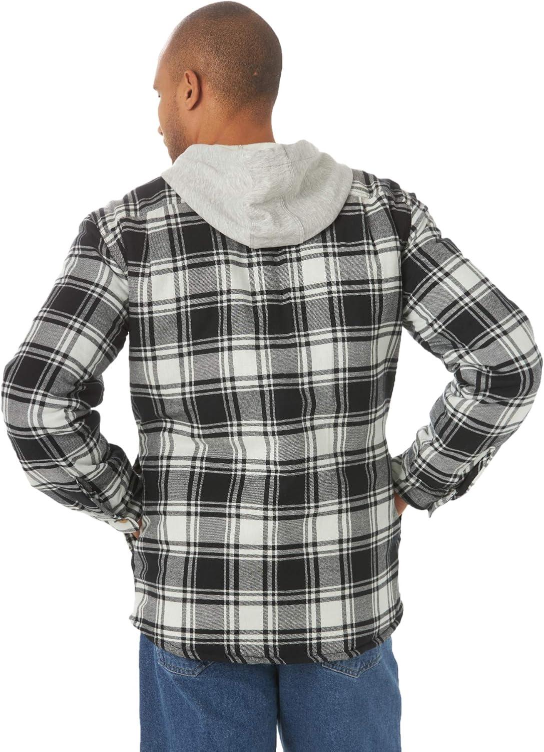imageWrangler Authentics Mens Long Sleeve Quilted Lined Flannel Shirt Jacket with HoodCaviar With Black Hood