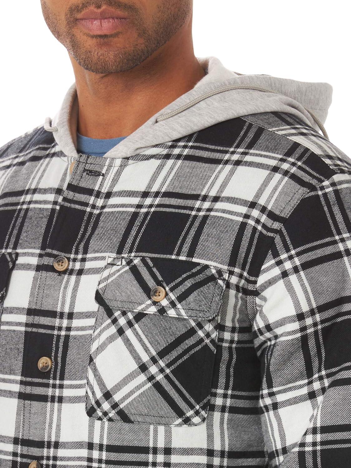 imageWrangler Authentics Mens Long Sleeve Quilted Lined Flannel Shirt Jacket with HoodCaviar With Black Hood