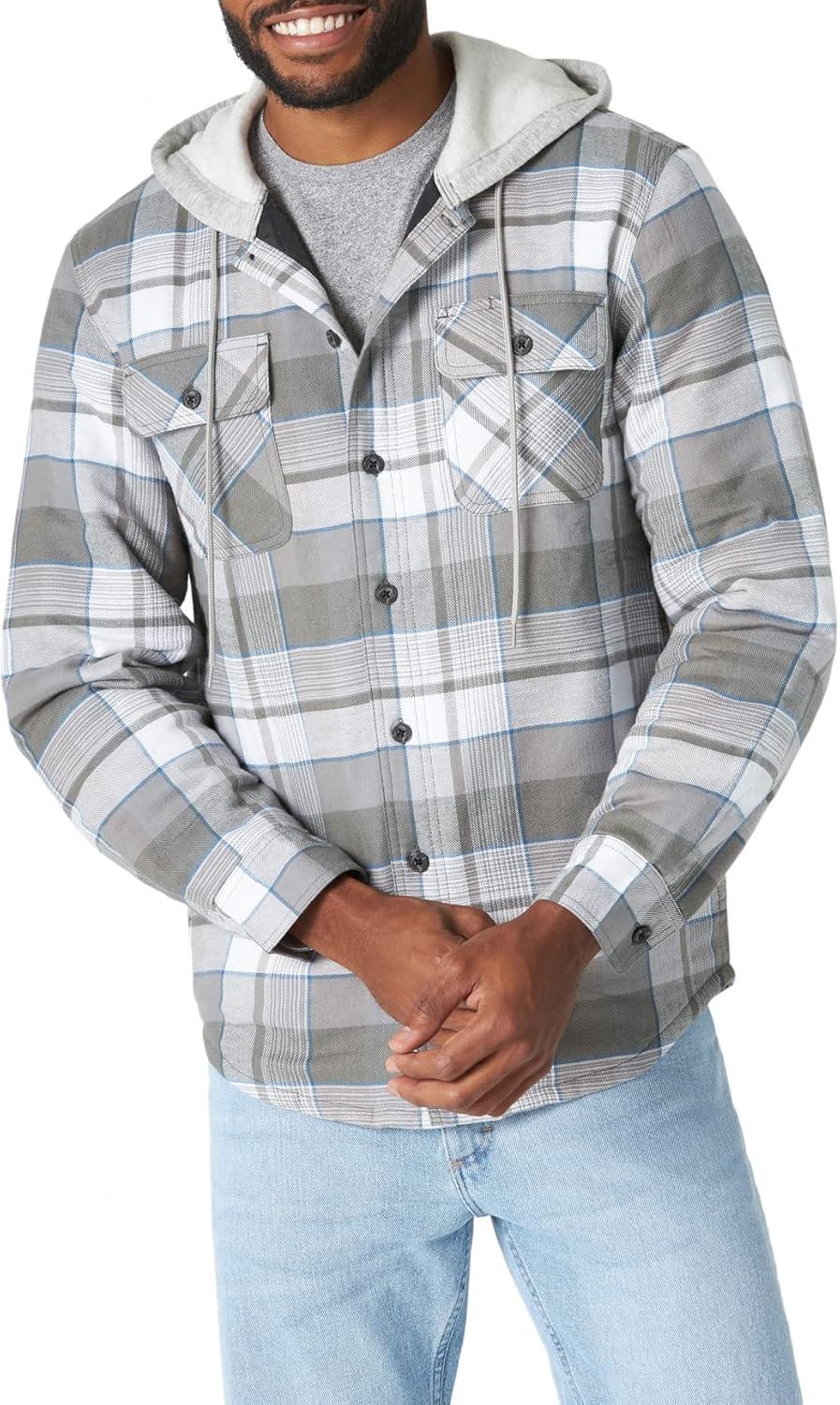 imageWrangler Authentics Mens Long Sleeve Quilted Lined Flannel Shirt Jacket with HoodCloud Burst