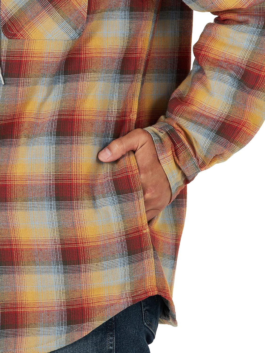 imageWrangler Authentics Mens Long Sleeve Quilted Lined Flannel Shirt Jacket with HoodPale Gold