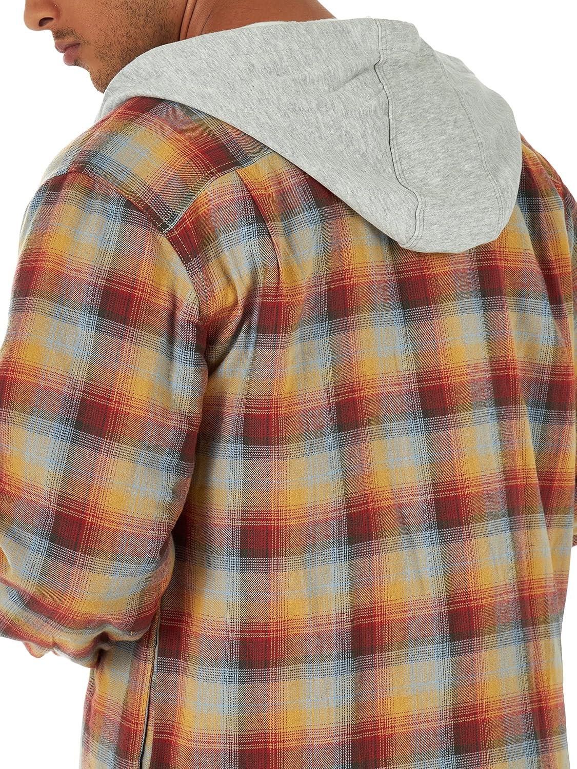 imageWrangler Authentics Mens Long Sleeve Quilted Lined Flannel Shirt Jacket with HoodPale Gold