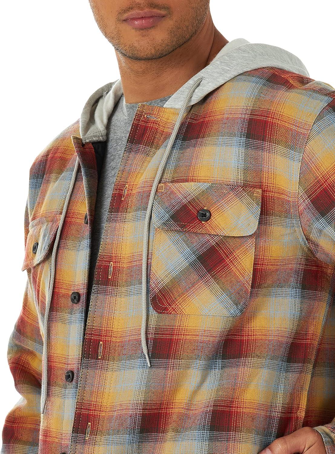 imageWrangler Authentics Mens Long Sleeve Quilted Lined Flannel Shirt Jacket with HoodPale Gold