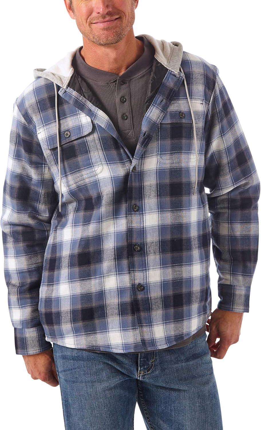 imageWrangler Authentics Mens Long Sleeve Quilted Lined Flannel Shirt Jacket with HoodVintage Night