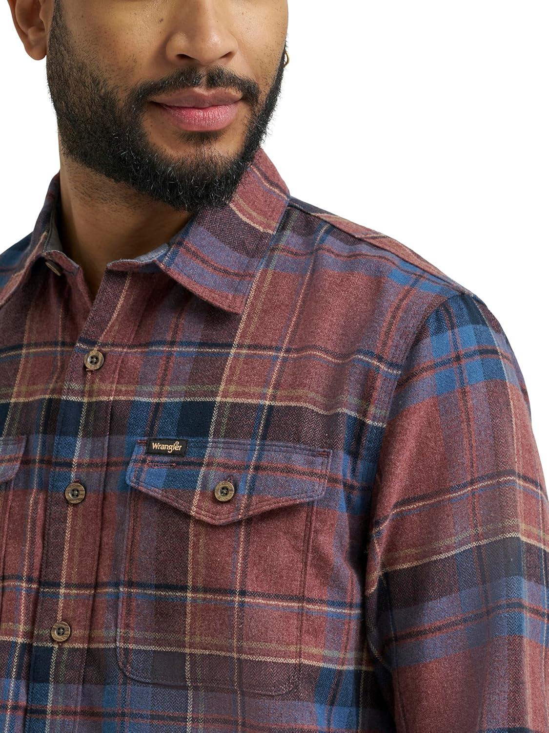 imageWrangler Mens Long Sleeve ShirtBitter Chocolate Plaid Flannel
