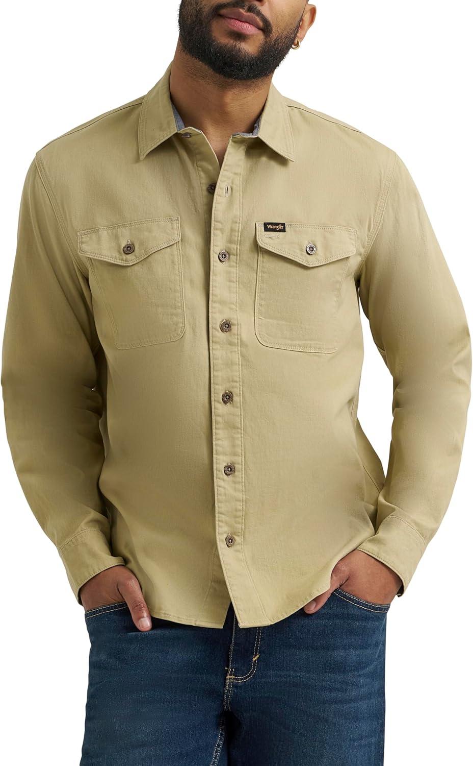 imageWrangler Mens Long Sleeve ShirtOlive Gray Twill
