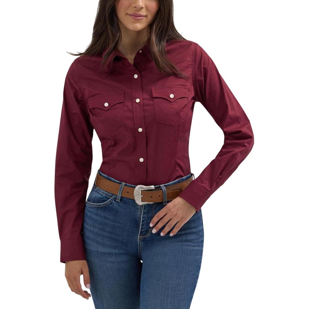imageWomens Retro Long Sleeve Cool Blue Solid Western ShirtWine