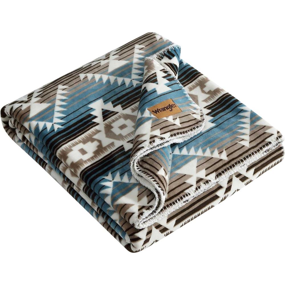 imageWrangler Throw Blanket Soft Plush Fleece Bedding Yellowstone Inspired Western Decor for Bed or Couch Canyon Ikat Blue 50quot x 60quotJericho Turquoise