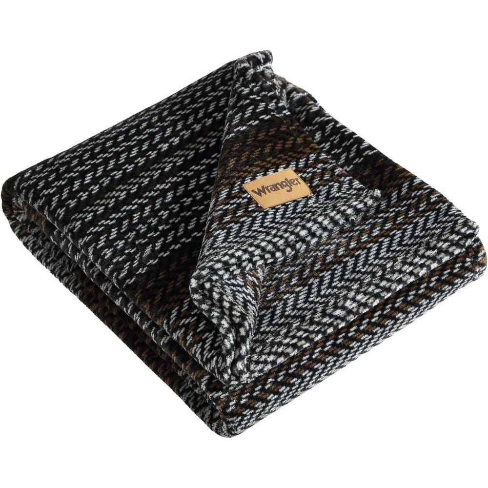 imageWrangler Throw Blanket Soft Plush Fleece Bedding Yellowstone Inspired Western Decor for Bed or Couch Canyon Ikat Blue 50quot x 60quotNash Stripe Brown