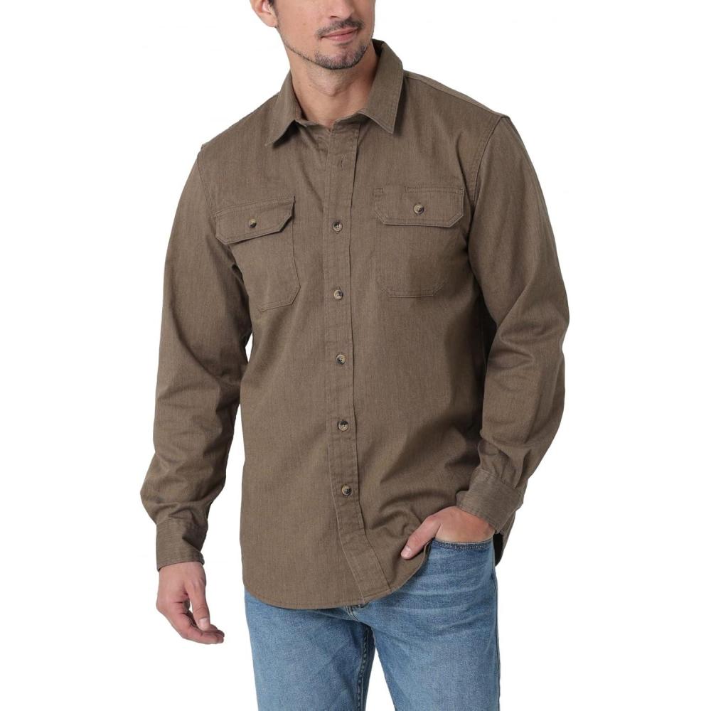 imageWrangler Authentics Mens Long Sleeve Classic Woven ShirtTeak Heather