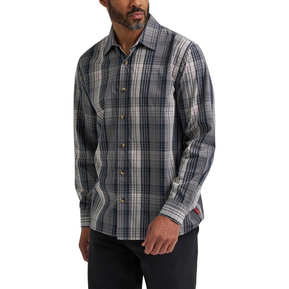 imageWrangler Authentics Mens Long Sleeve Plaid Woven ShirtSmoke Pearl Plaid