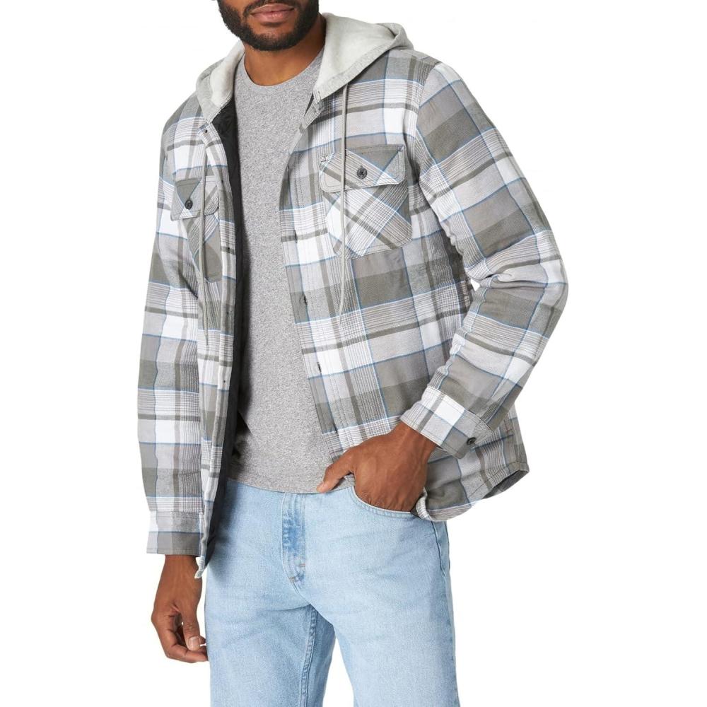 imageWrangler Authentics Mens Long Sleeve Quilted Lined Flannel Shirt Jacket with HoodCloud Burst