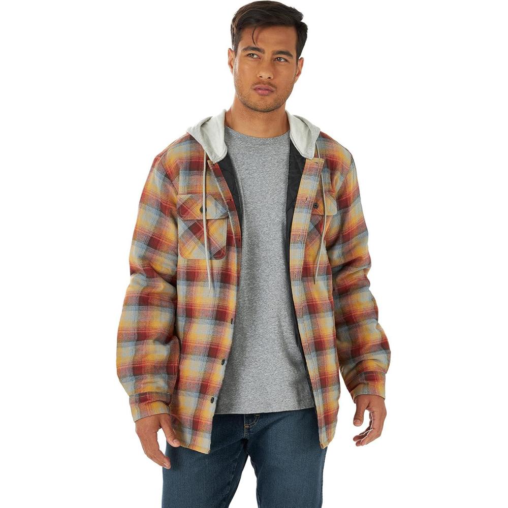 imageWrangler Authentics Mens Long Sleeve Quilted Lined Flannel Shirt Jacket with HoodPale Gold