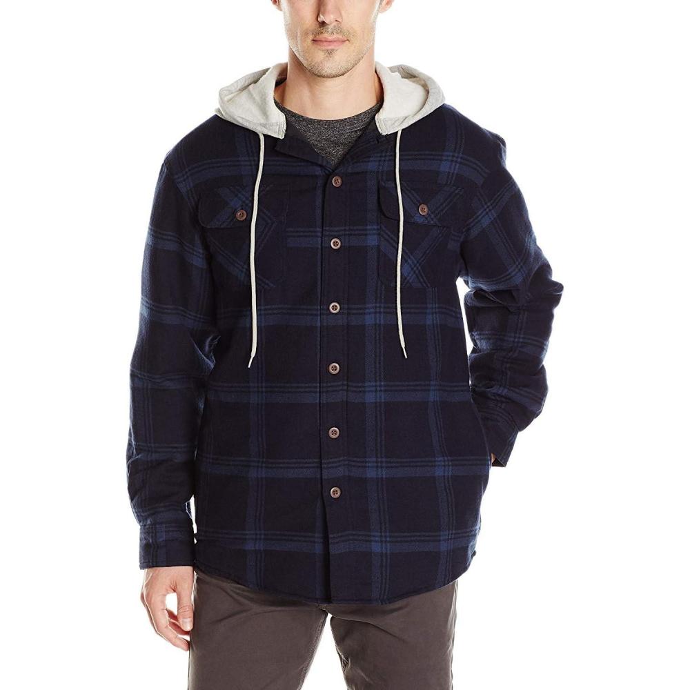 imageWrangler Authentics Mens Long Sleeve Quilted Lined Flannel Shirt Jacket with HoodTotal Eclipse With Heather