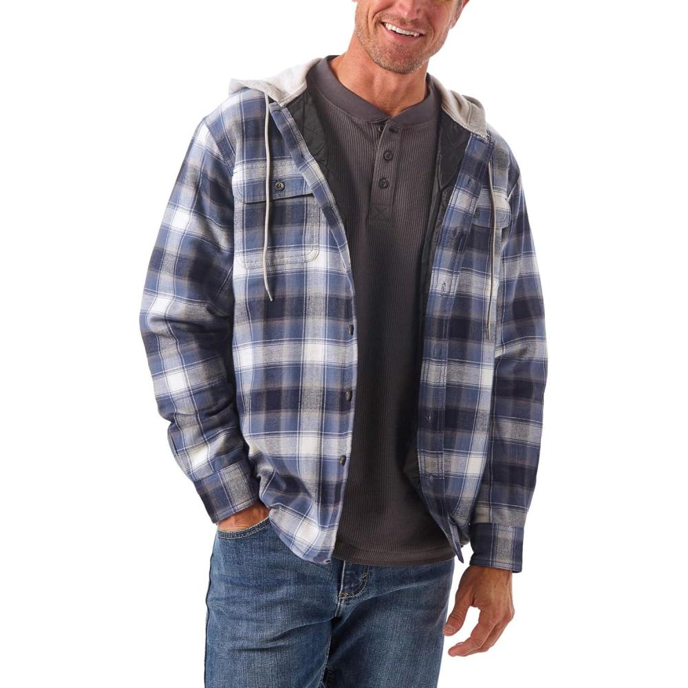 imageWrangler Authentics Mens Long Sleeve Quilted Lined Flannel Shirt Jacket with HoodVintage Night