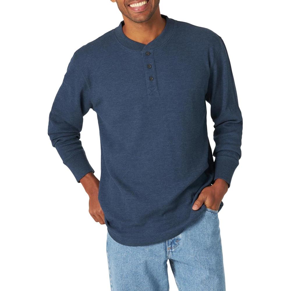 imageWrangler Authentics Mens Long Sleeve Waffle HenleyDress Blue Heather