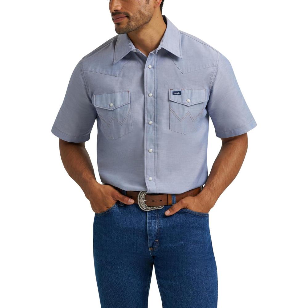 imageWrangler Denim Short Sleeve Snap ShirtChambray Blue