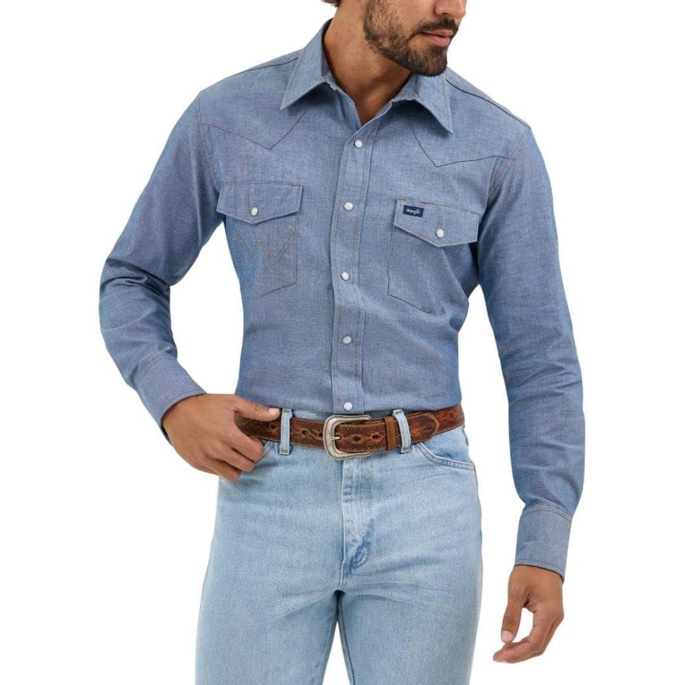 imageWrangler Mens Cowboy Cut Western Chambray Snap Long Sleeve Work ShirtChambray Blue