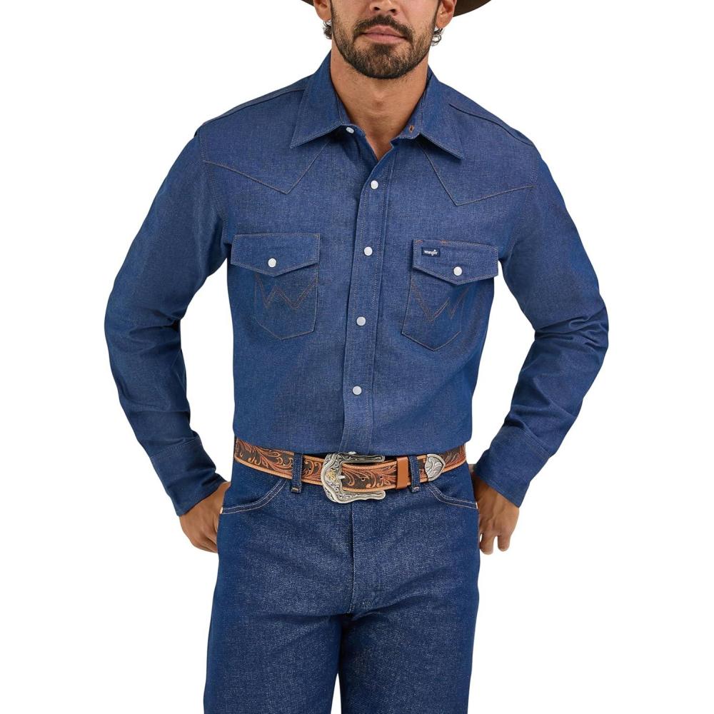 imageWrangler Mens Cowboy Cut Western Chambray Snap Long Sleeve Work ShirtDarkest Indigo