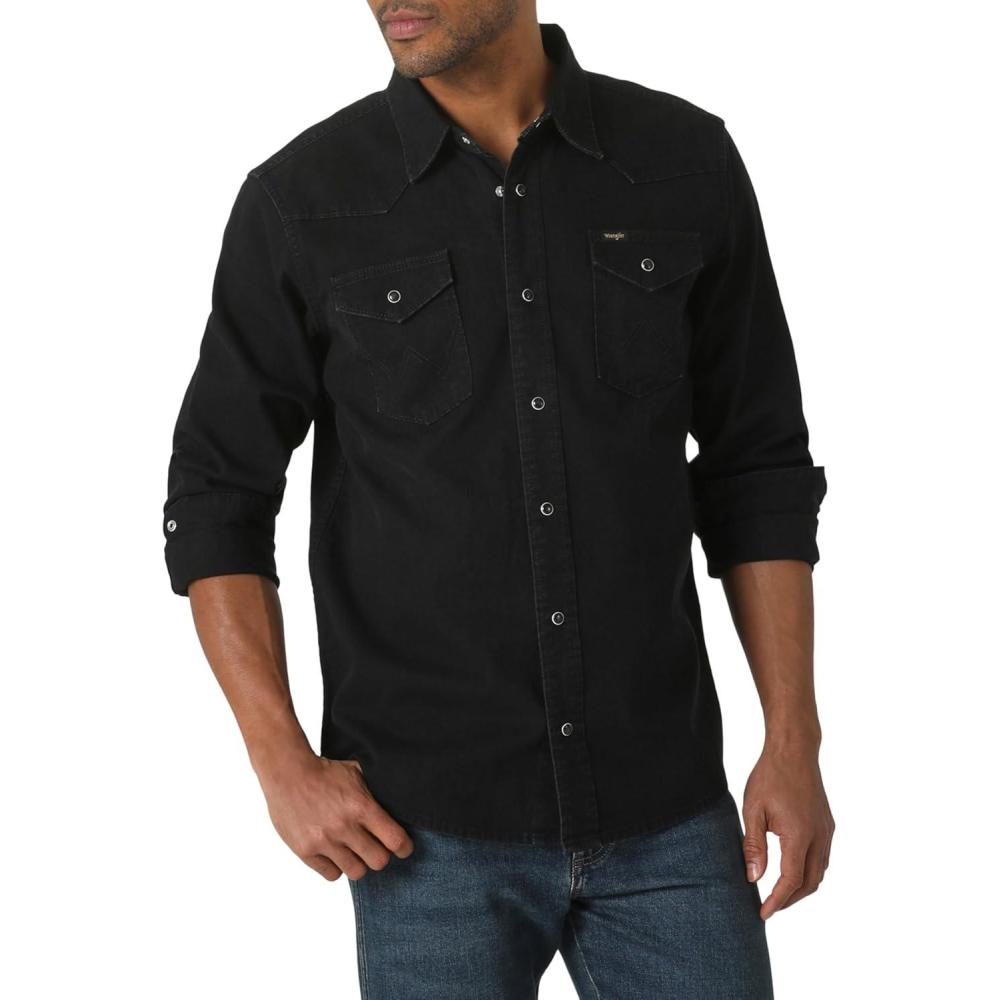 imageWrangler Mens Iconic Denim Regular Fit Snap ShirtBlack Denim
