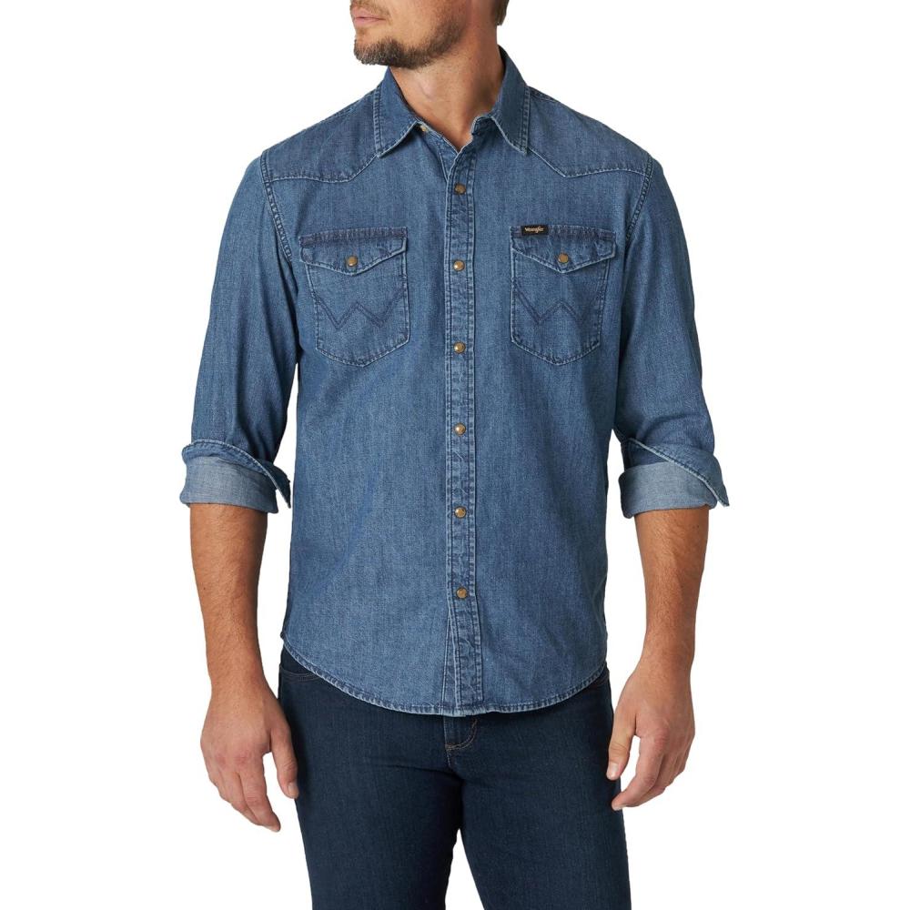 imageWrangler Mens Iconic Denim Regular Fit Snap ShirtMid Tint Denim