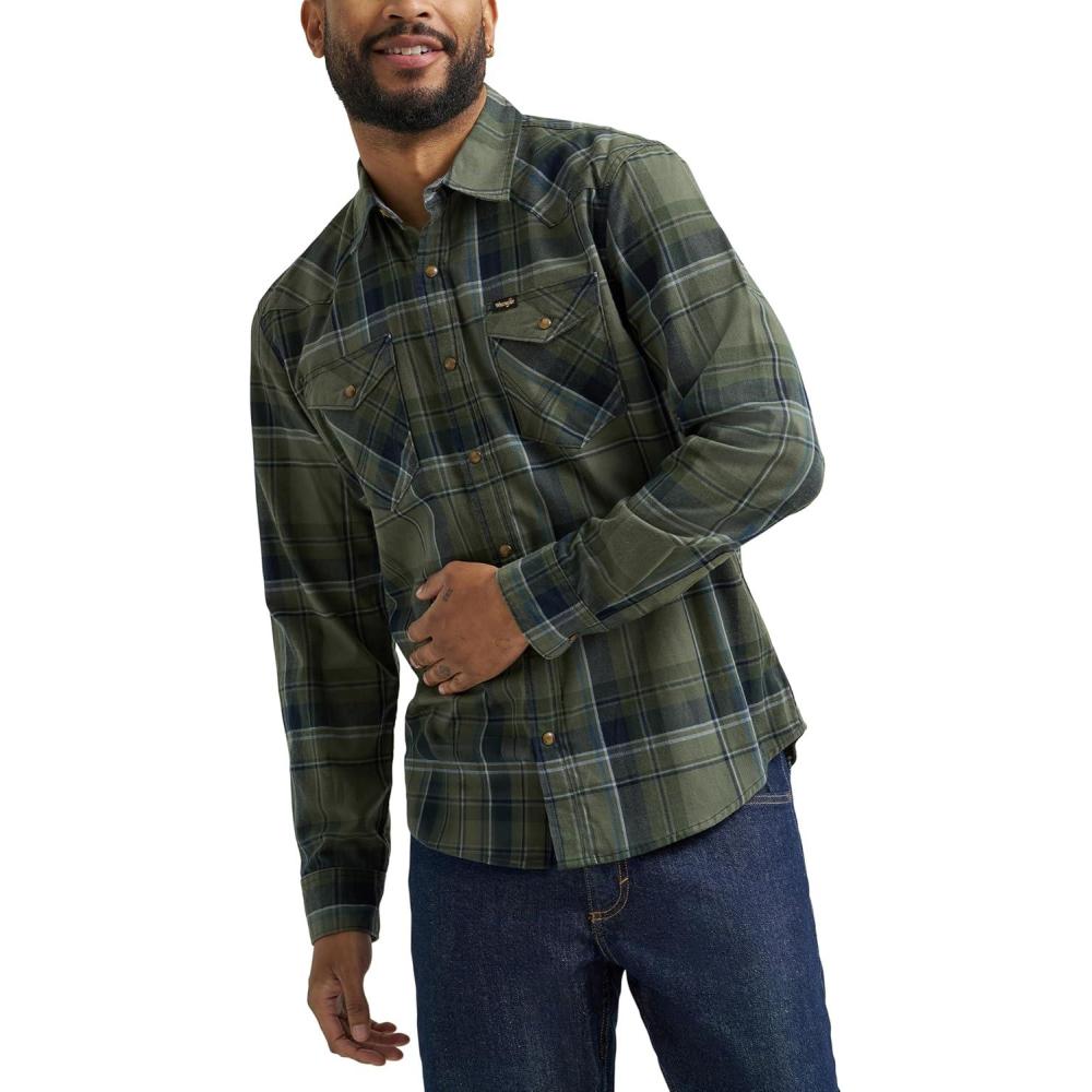 imageWrangler Mens Iconic Denim Regular Fit Snap ShirtThyme Plaid