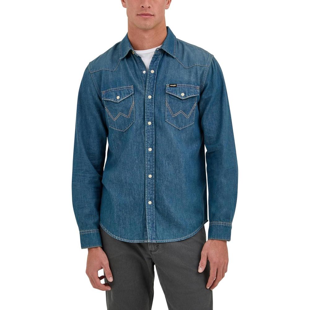 imageWrangler Mens Iconic Denim Regular Fit Snap ShirtTobacco Denim