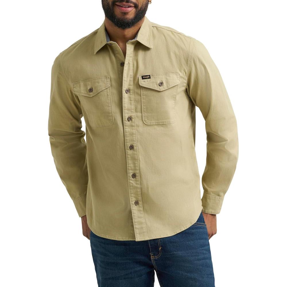 imageWrangler Mens Long Sleeve ShirtOlive Gray Twill