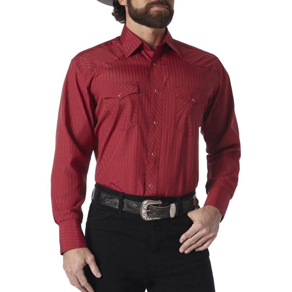 imageWrangler Mens Sport Western Two Pocket Long Sleeve Snap ShirtWine