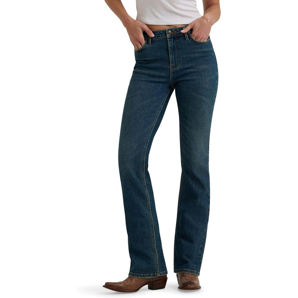 imageWrangler Womens Womens High Rise Bold Boot JeanStormy Indigo