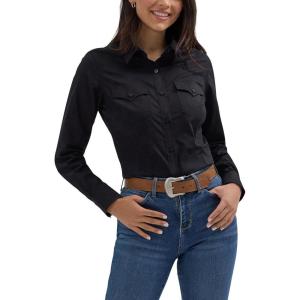 Women’s Retro Long Sleeve Cool Blue Solid Western Shirt(Black)