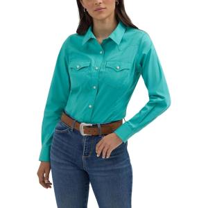Women’s Retro Long Sleeve Cool Blue Solid Western Shirt(Bright Aqua)
