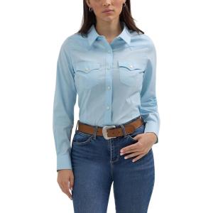 Women’s Retro Long Sleeve Cool Blue Solid Western Shirt(Cool Blue)