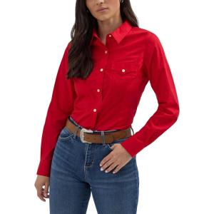 Women’s Retro Long Sleeve Cool Blue Solid Western Shirt(Red)