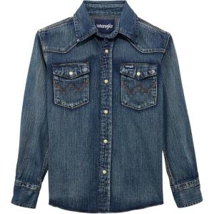 Wrangler Boy’s Long Sleeve White Snap Shirt(Antique Blue)