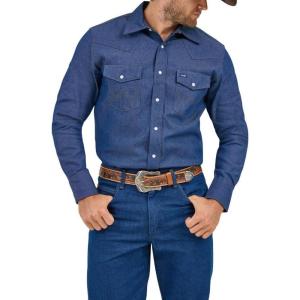 Wrangler Men’s Cowboy Cut Western Chambray Snap Long Sleeve Work Shirt(Indigo Denim)