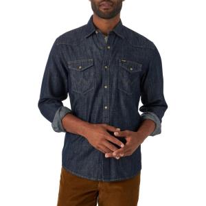 Wrangler Mens Iconic Denim Regular Fit Snap Shirt(Rinse Denim)