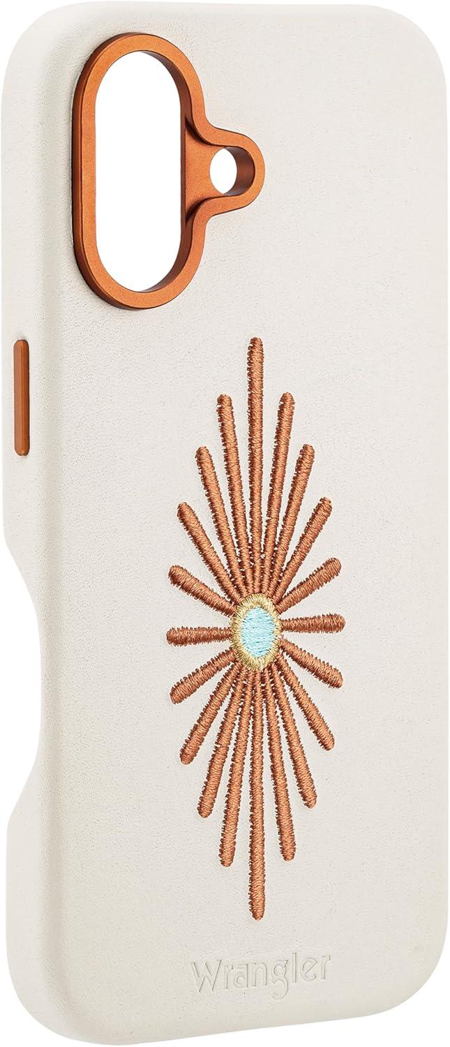 imageWrangler Leather Embroidered iPhone Case Western Star Compatible with iPhone Black 16 ProCream